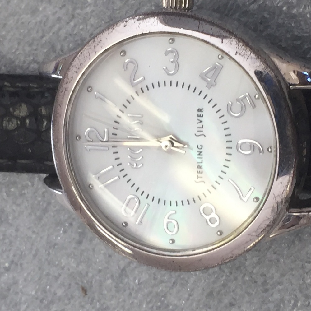 Ecclissi Sterling Silver Black Leather Band Watch - Picture 2 of 4